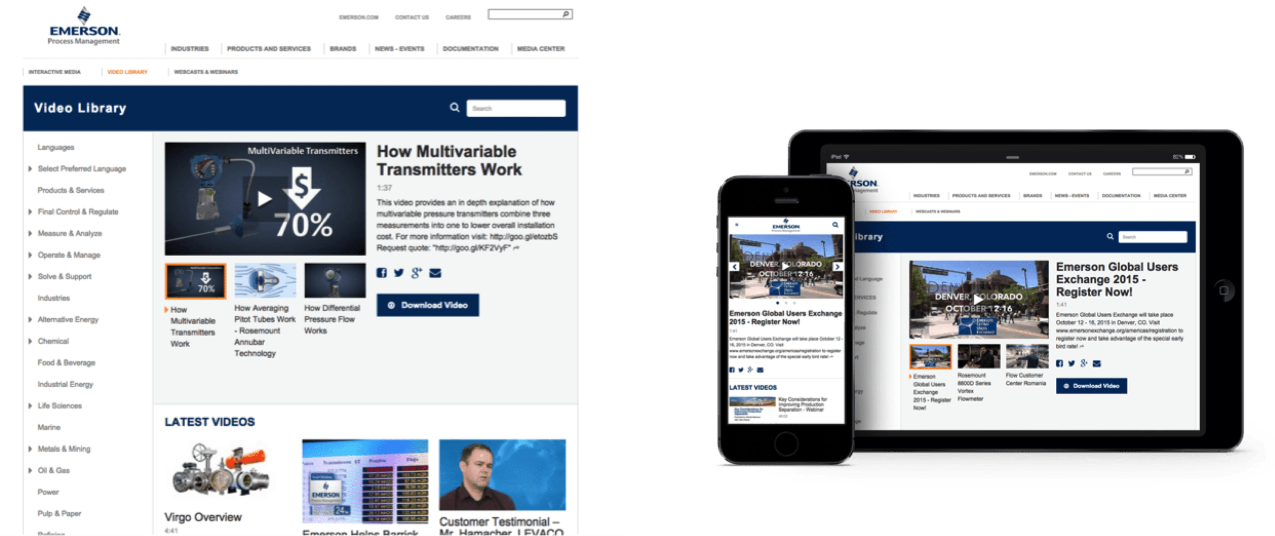 Screenshot of Emerson Process Management's video portal powered by Brightcove