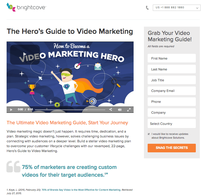 A landing page with video