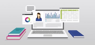 図表や書籍に囲まれたノートパソコンのイラスト