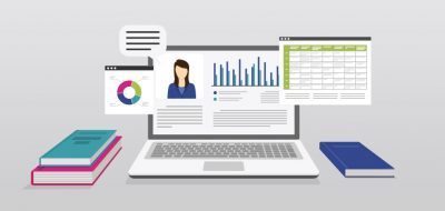 Illustration of a laptop among charts and books