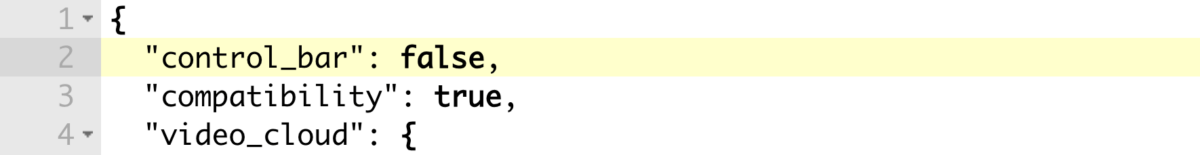 JSON code block showing how to disable the control bar for a video.js player.